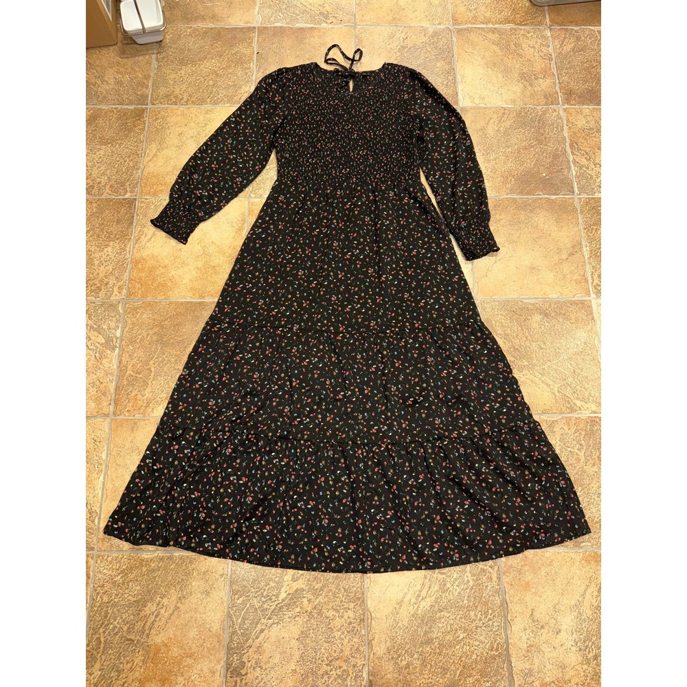 Anneboutin Black Floral Smocked Maxi Dress XL Long Sleeve Tiered Cottagecore